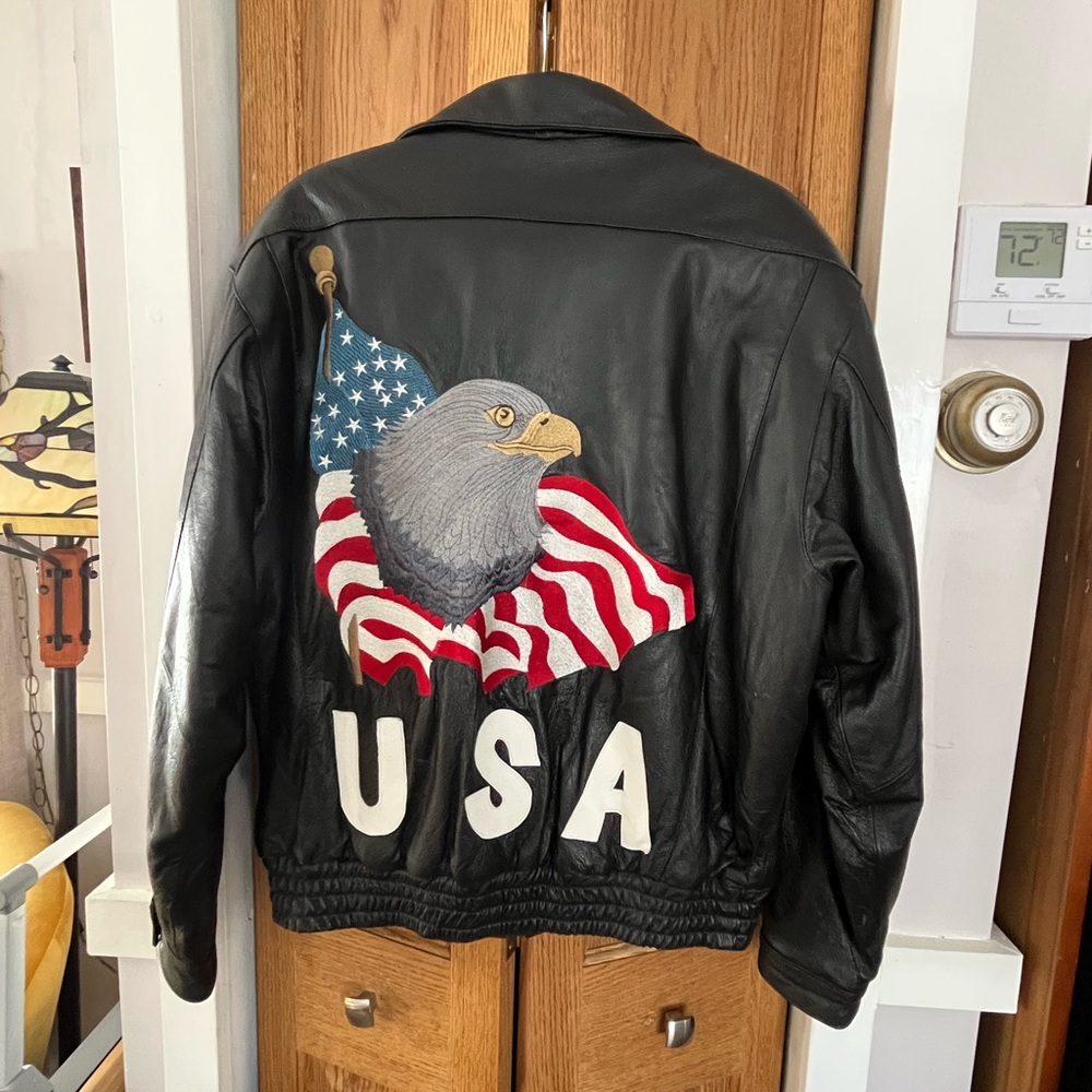 Leather World Vtg USA Military Bald Eagle Motorcycle Bomber Jacket Coat Men’s L